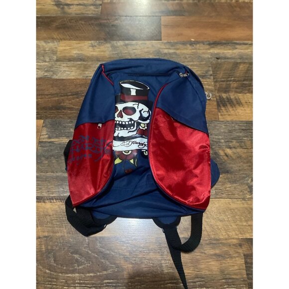 DON ED HARDY Skull With Top Hat Zip Top Carry Loop Backpack Navy & Red‎ - Picture 1 of 4